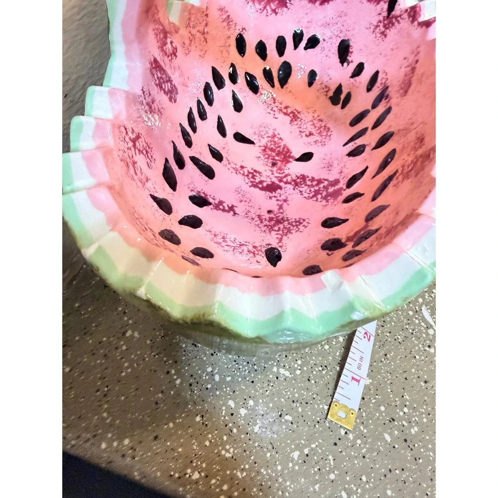 Vintage‎ Watermelon Ceramic Basket Hand Painted Pink Green Fruit Decor 11in